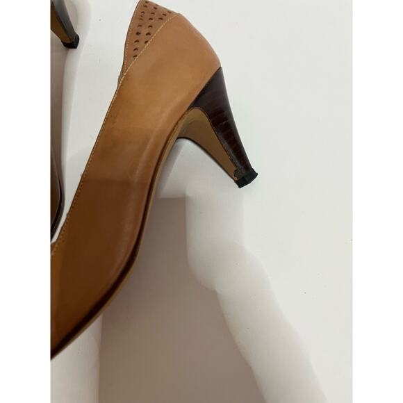 Glorius Brazilian leather peep toe pump 8 2 3/4" wooden heel Classic Luggage tan - Picture 3 of 7